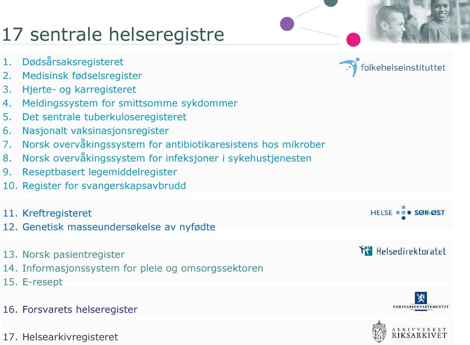 Norsk overvåkingssystem for infeksjoner i sykehustjenesten 9. Reseptbasert legemiddelregister 10. Register for svangerskapsavbrudd 11. Kreftregisteret 12.