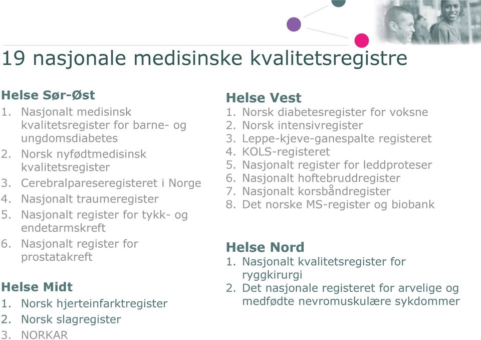 Norsk slagregister 3. NORKAR Helse Vest 1. Norsk diabetesregister for voksne 2. Norsk intensivregister 3. Leppe-kjeve-ganespalte registeret 4. KOLS-registeret 5. Nasjonalt register for leddproteser 6.