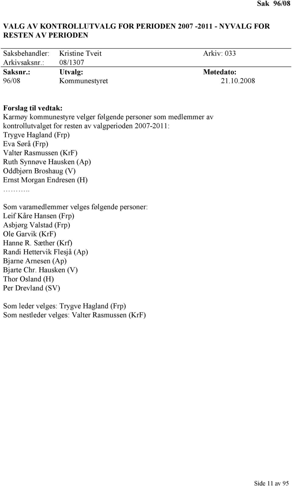 2008 Forslag til vedtak: Karmøy kommunestyre velger følgende personer som medlemmer av kontrollutvalget for resten av valgperioden 2007-2011: Trygve Hagland (Frp) Eva Sørå (Frp) Valter Rasmussen