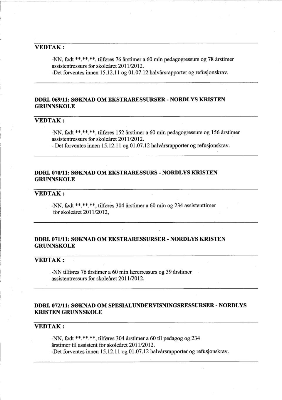 - Det forventes innen 15.12.11 og 01.07.12 halvàrsrapporter og refusjonskrav. DDRI. 070/11: SØKNAD OM EKSTRARESSURS - NORDLYS KRSTEN -NN, født **.