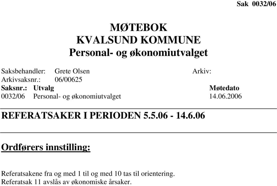 : Utvalg Møtedato 0032/06 Personal- og økonomiutvalget 14.06.2006 REFERATSAKER I PERIODEN 5.