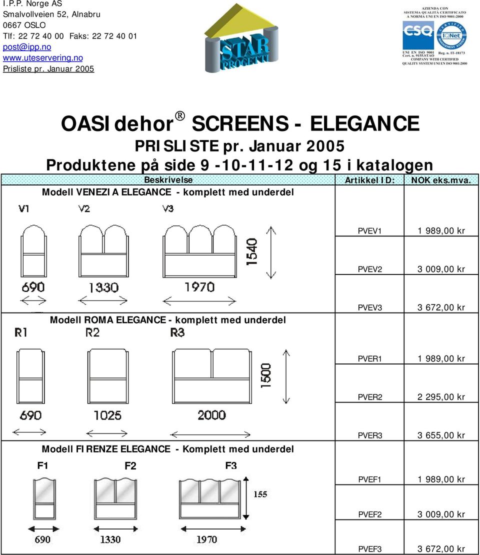Januar 2005 Produktene på side 9-10-11-12 og 15 i katalogen Beskrivelse Artikkel ID: NOK eks.mva.