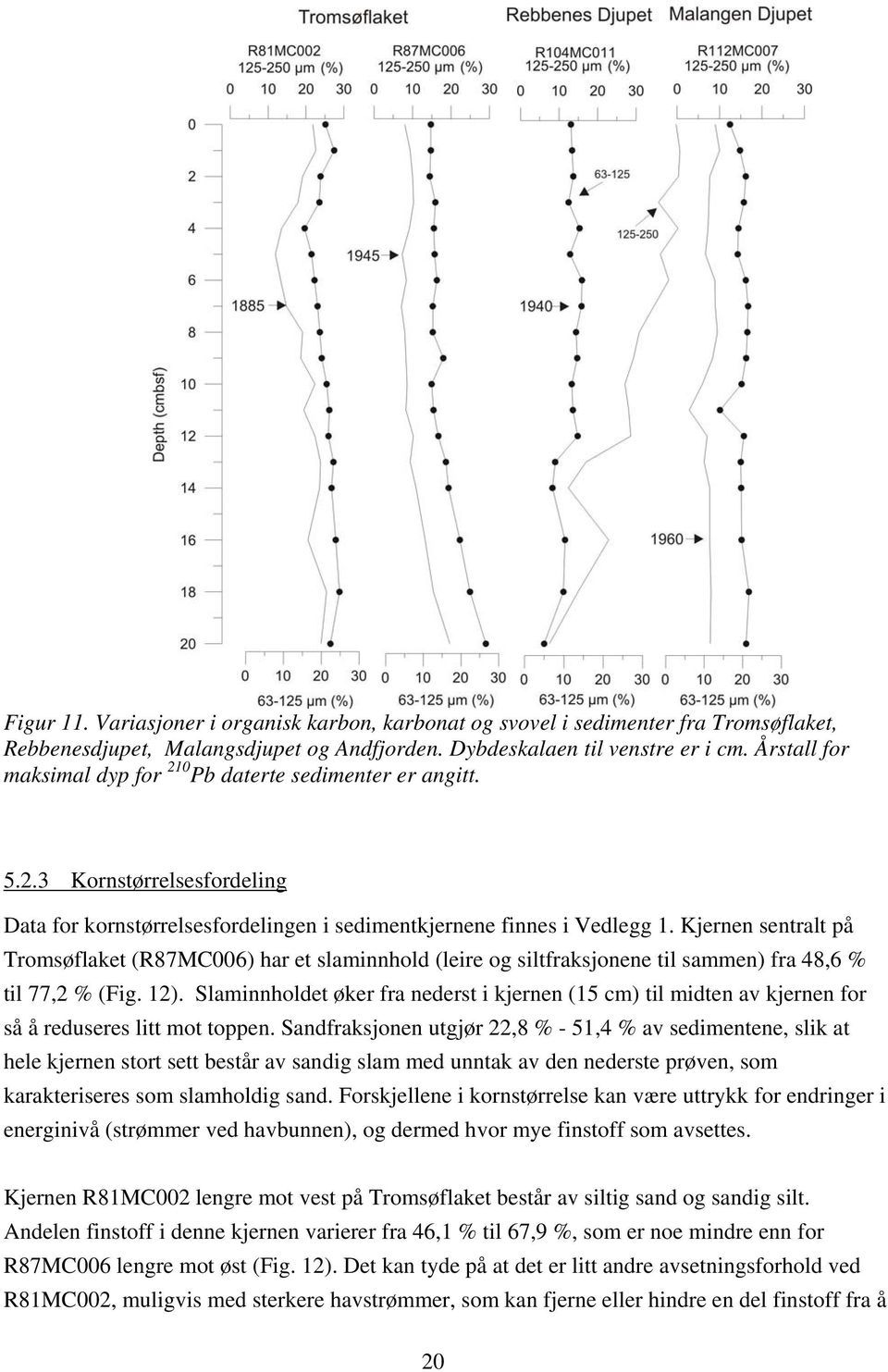 Kjernen sentralt på Tromsøflaket (R87MC6) har et slaminnhold (leire og siltfraksjonene til sammen) fra 48,6 % til 77, % (Fig. ).