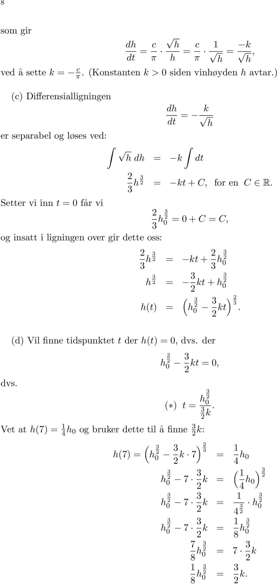 Setter vi inn t = får vi h = + C = C, og insatt i ligningen over gir ette oss: t h = kt + h h = kt + h h(t) = (h kt ). vs.