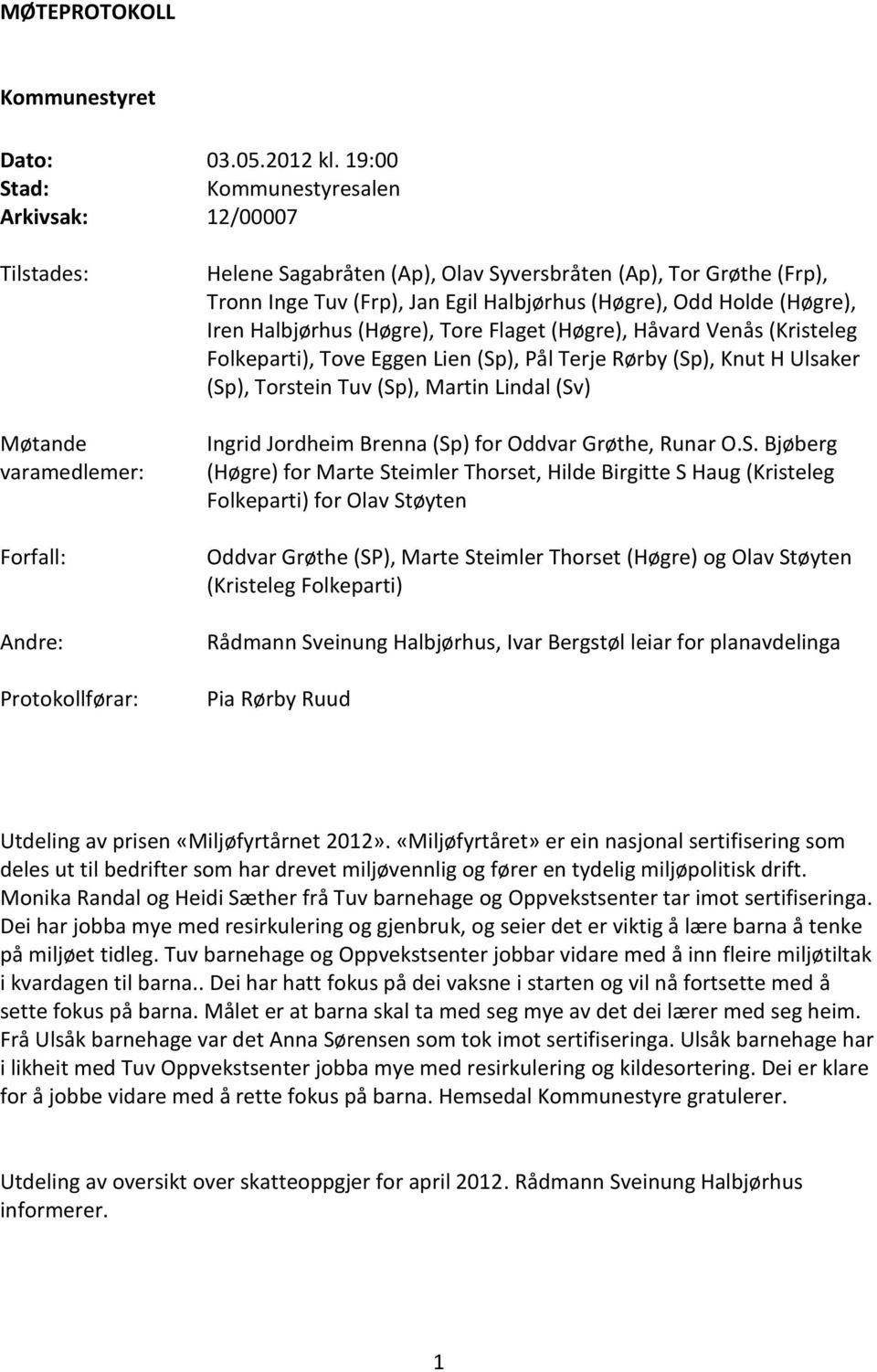 (Frp), Jan Egil Halbjørhus (Høgre), Odd Holde (Høgre), Iren Halbjørhus (Høgre), Tore Flaget (Høgre), Håvard Venås (Kristeleg Folkeparti), Tove Eggen Lien (Sp), Pål Terje Rørby (Sp), Knut H Ulsaker