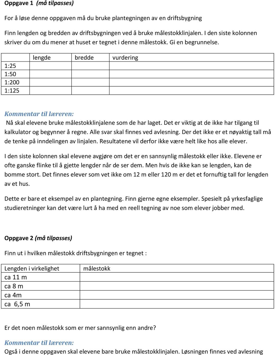 1:25 1:50 1:200 1:125 lengde bredde vurdering Nå skal elevene bruke målestokklinjalene som de har laget. Det er viktig at de ikke har tilgang til kalkulator og begynner å regne.