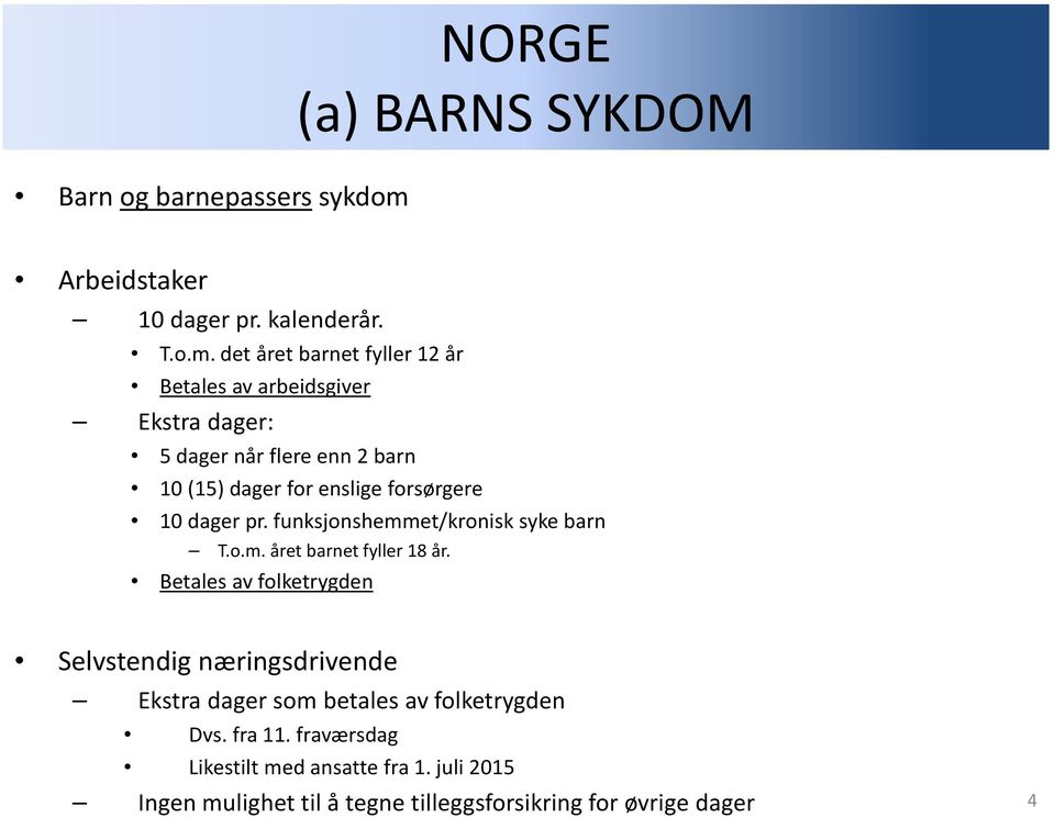 det året barnet fyller 12 år Betales av arbeidsgiver Ekstra dager: 5 dager når flere enn 2 barn 10 (15) dager for enslige forsørgere