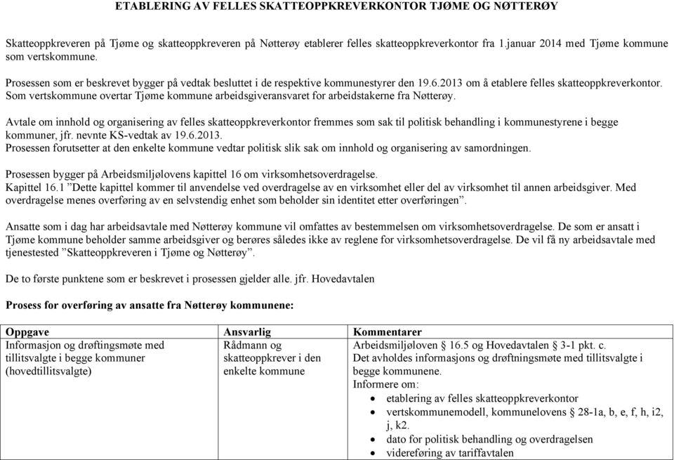 Som vertskommune overtar Tjøme kommune arbeidsgiveransvaret for arbeidstakerne fra Nøtterøy.