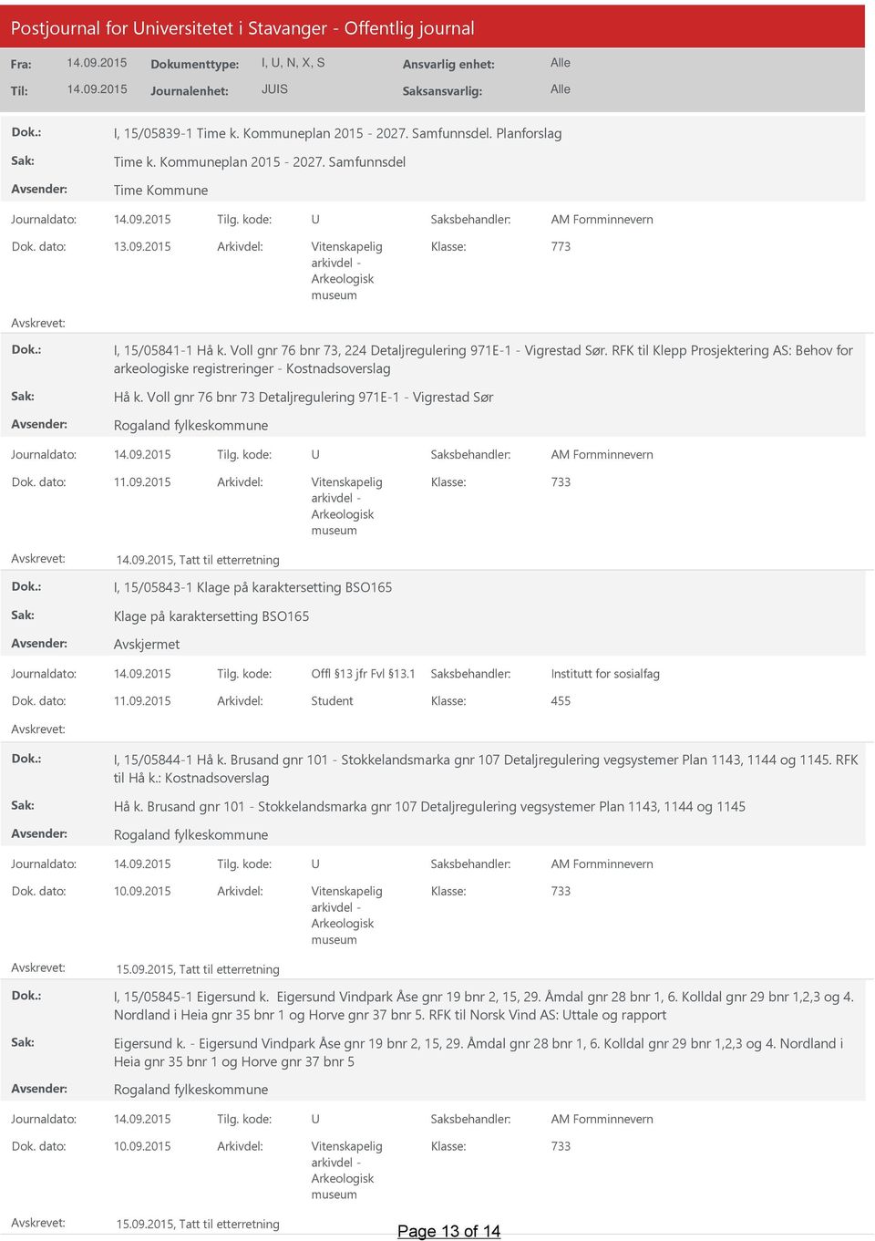 RFK til Klepp Prosjektering AS: Behov for arkeologiske registreringer - Kostnadsoverslag Hå k. Voll gnr 76 bnr 73 Detaljregulering 971E-1 - Vigrestad Sør Rogaland fylkeskommune Dok. dato: 11.09.