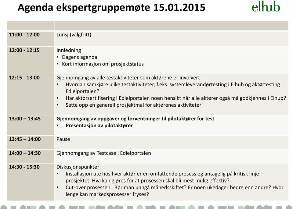 ulike testaktiviteter, f.eks. systemleverandørtesting i Elhub og aktørtesting i Edielportalen? Har aktørsertifisering i Edielportalen noen hensikt når alle aktører også må godkjennes i Elhub?