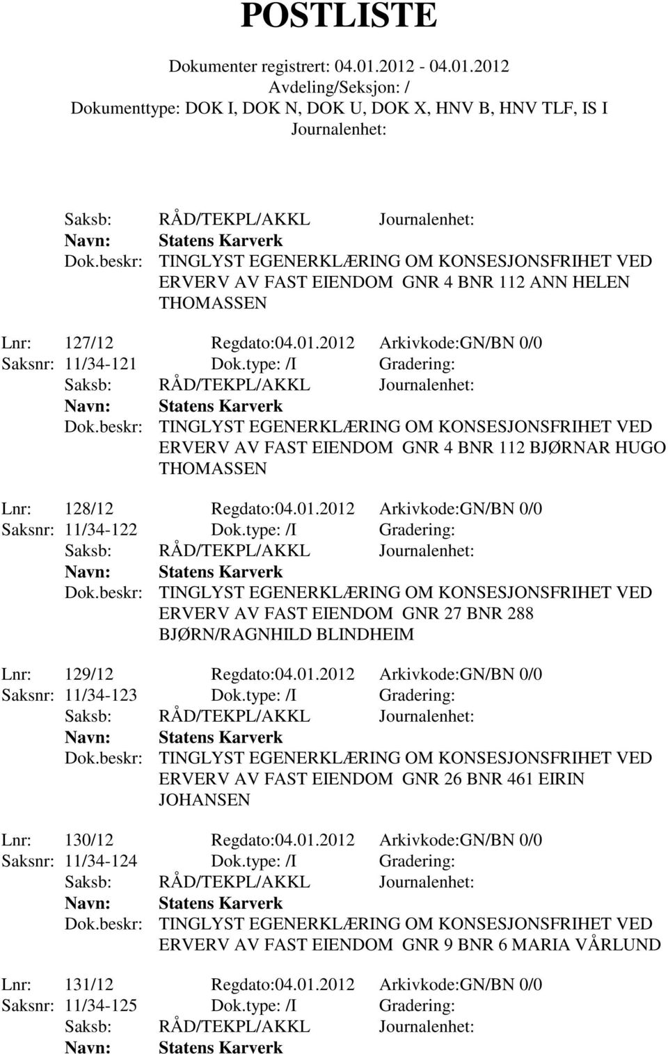 type: /I Gradering: ERVERV AV FAST EIENDOM GNR 27 BNR 288 BJØRN/RAGNHILD BLINDHEIM Lnr: 129/12 Regdato:04.01.2012 Arkivkode:GN/BN 0/0 Saksnr: 11/34-123 Dok.