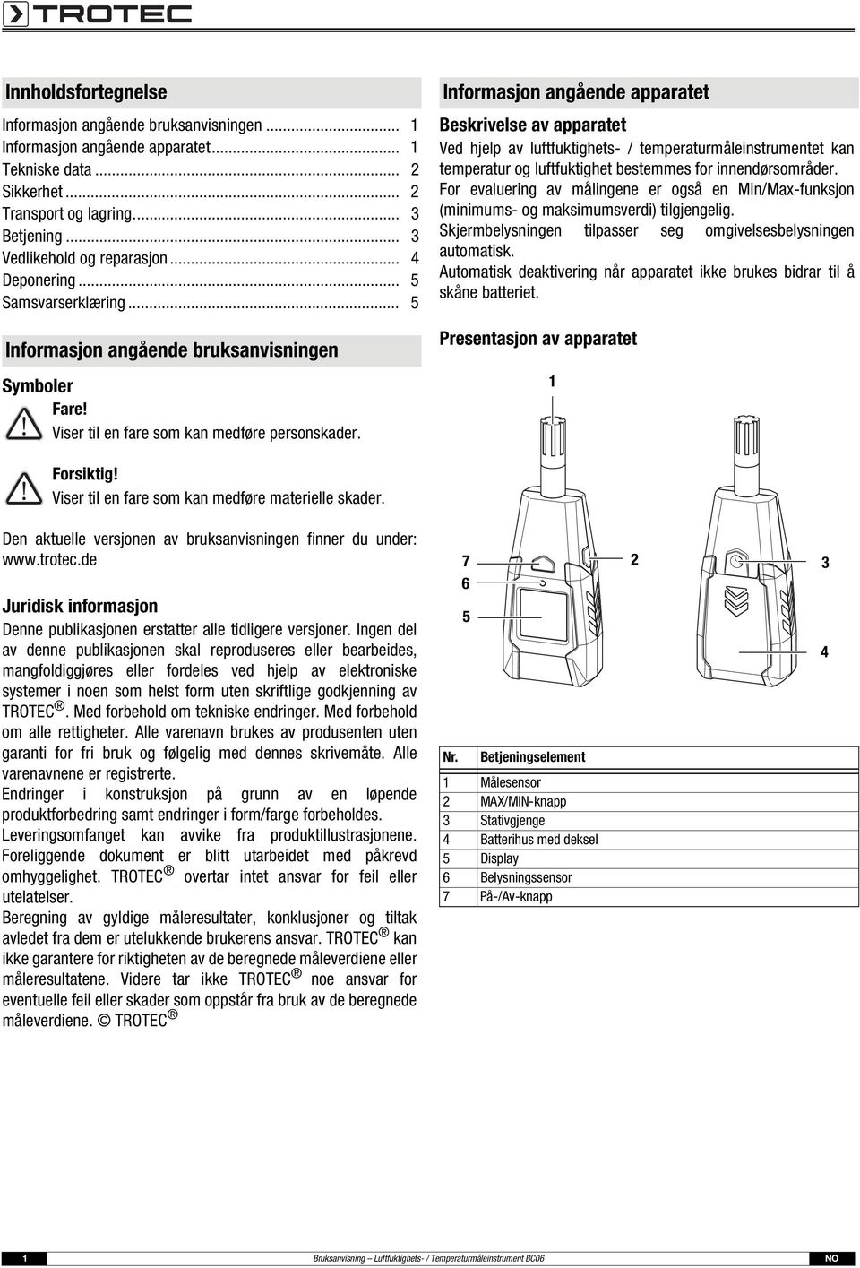 Informasjon angående apparatet Beskrivelse av apparatet Ved hjelp av luftfuktighets- / temperaturmåleinstrumentet kan temperatur og luftfuktighet bestemmes for innendørsområder.