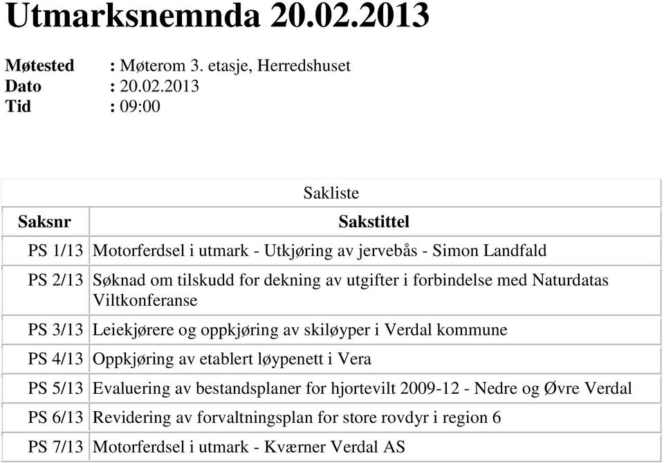 2013 Tid : 09:00 Saksnr Sakliste Sakstittel PS 1/13 Motorferdsel i utmark - Utkjøring av jervebås - Simon Landfald PS 2/13 Søknad om tilskudd for