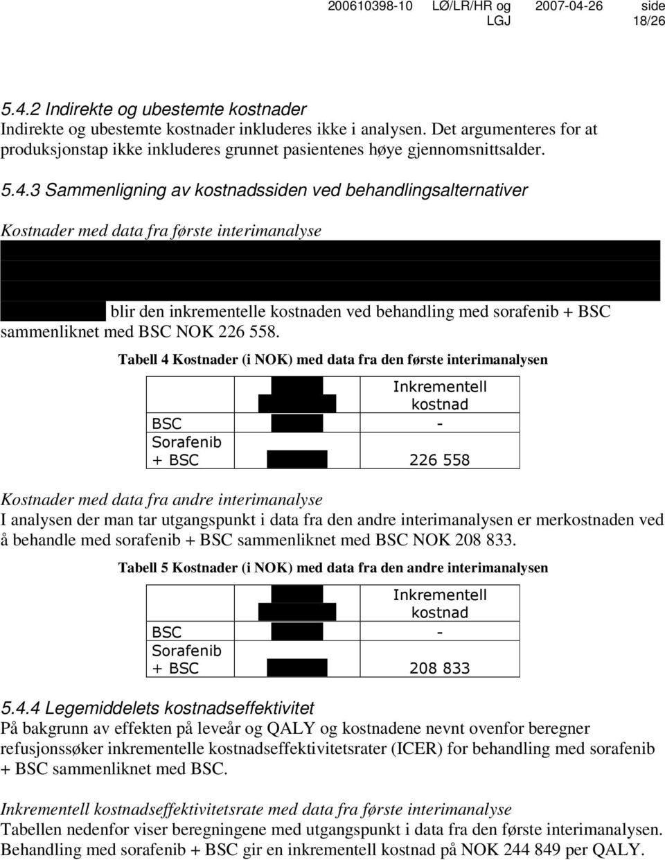 3 Sammenligning av kostnadssiden ved behandlingsalternativer Kostnader med data fra første interimanalyse xxxxxxxxxxxx blir den inkrementelle kostnaden ved behandling med sorafenib + BSC sammenliknet