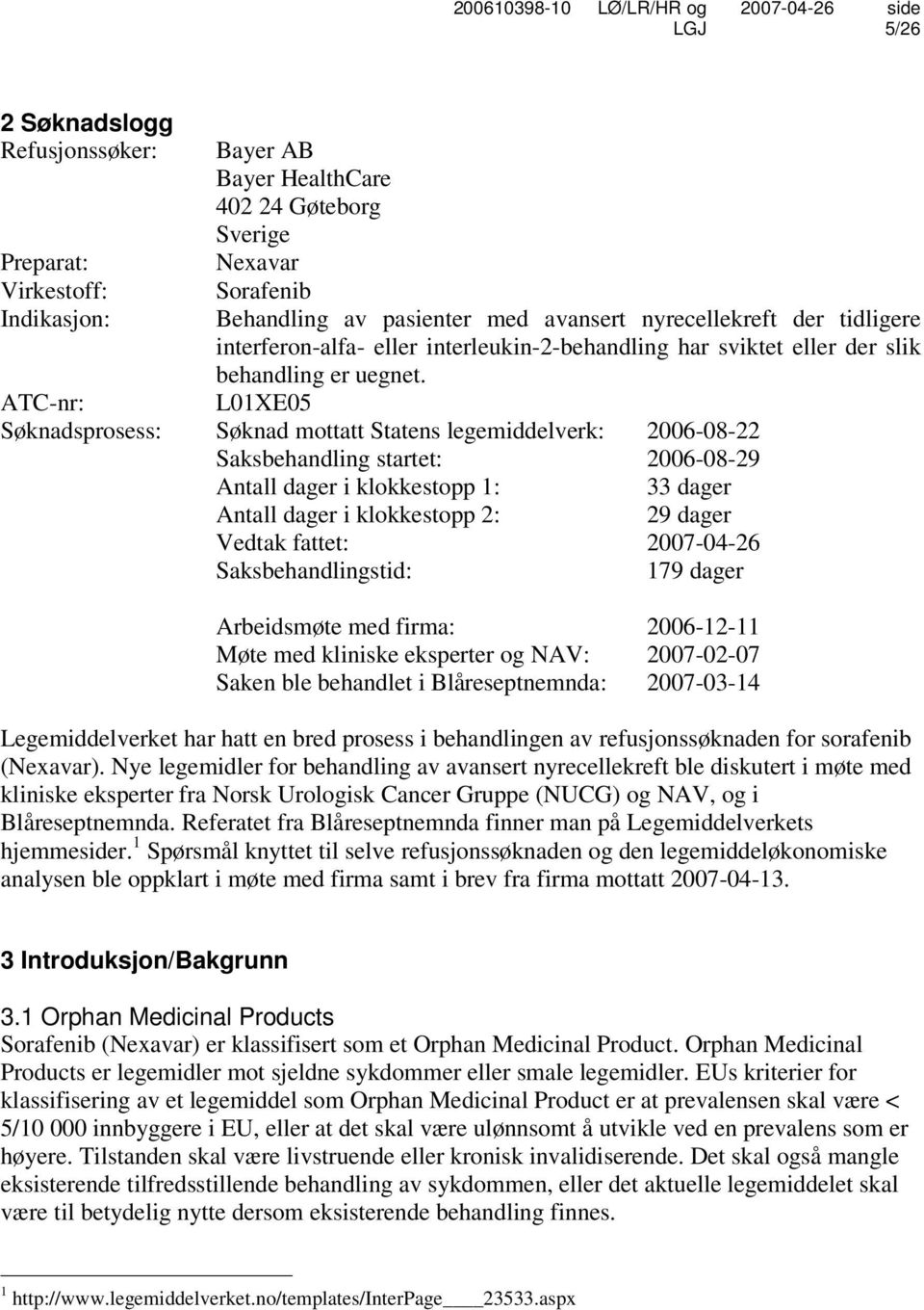 L01XE05 ATC-nr: Søknadsprosess: Søknad mottatt Statens legemiddelverk: 2006-08-22 Saksbehandling startet: 2006-08-29 Antall dager i klokkestopp 1: 33 dager Antall dager i klokkestopp 2: 29 dager