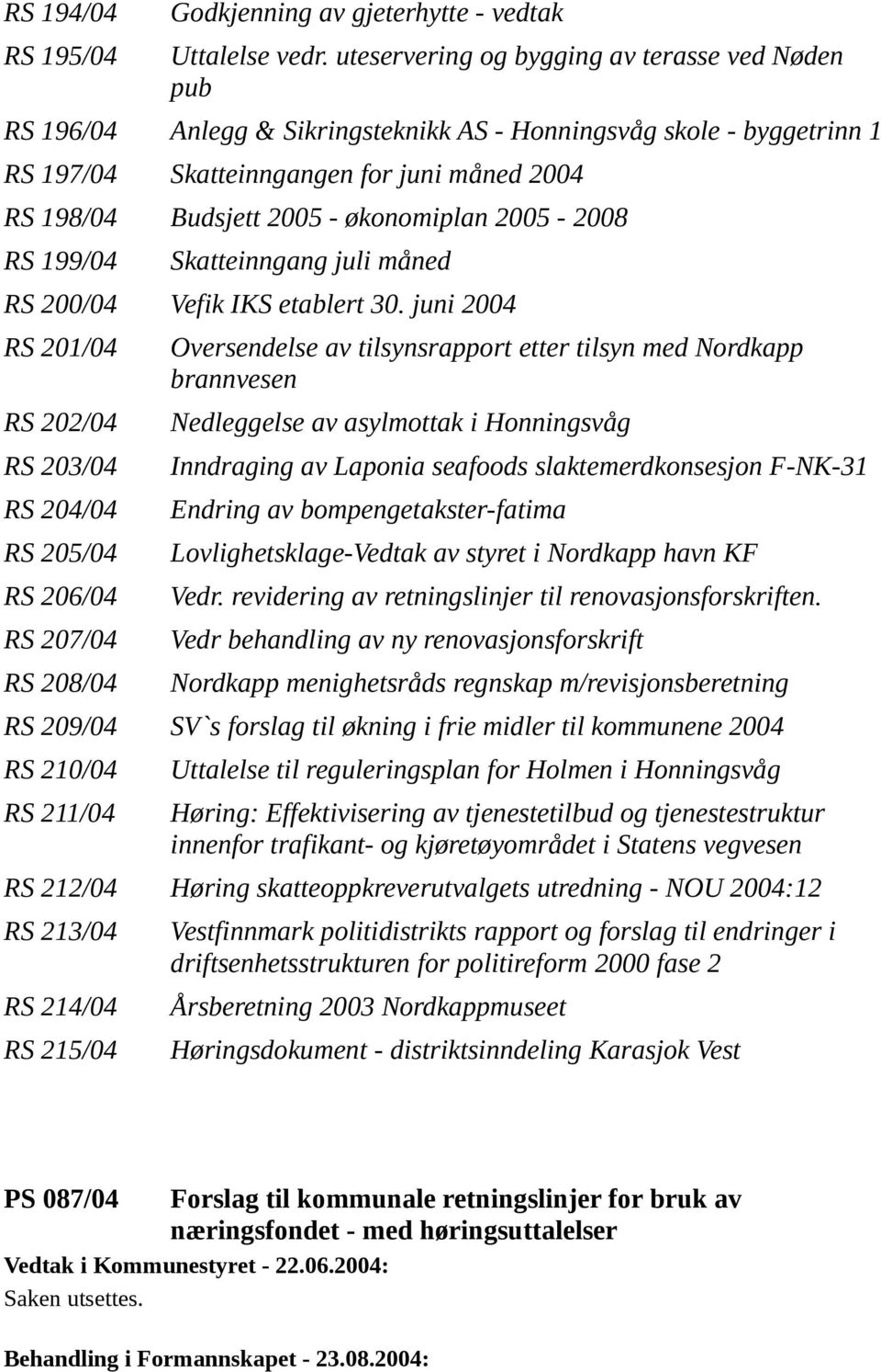 økonomiplan 2005-2008 RS 199/04 Skatteinngang juli måned RS 200/04 Vefik IKS etablert 30.