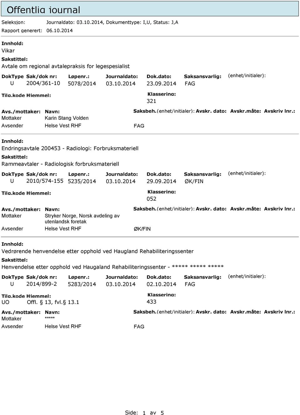 : Mottaker Karin Stang Volden Endringsavtale 200453 - Radiologi: Forbruksmateriell Rammeavtaler - Radiologisk forbruksmateriell 2010/574-155 5235/2014 29.09.2014 ØK/FN 052 Avs.