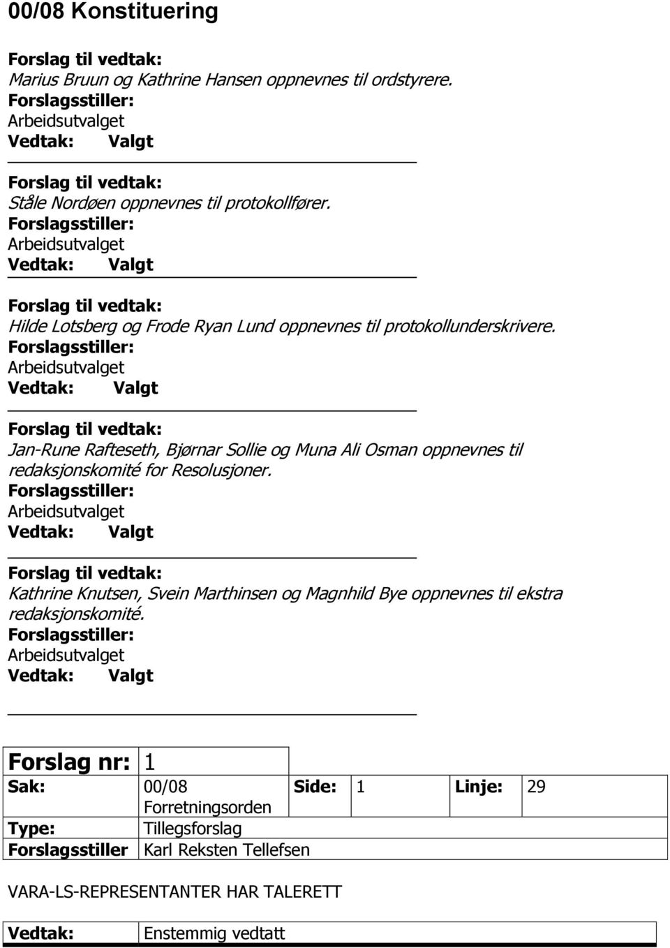 Valgt Jan-Rune Rafteseth, Bjørnar Sollie og Muna Ali Osman oppnevnes til redaksjonskomité for Resolusjoner.