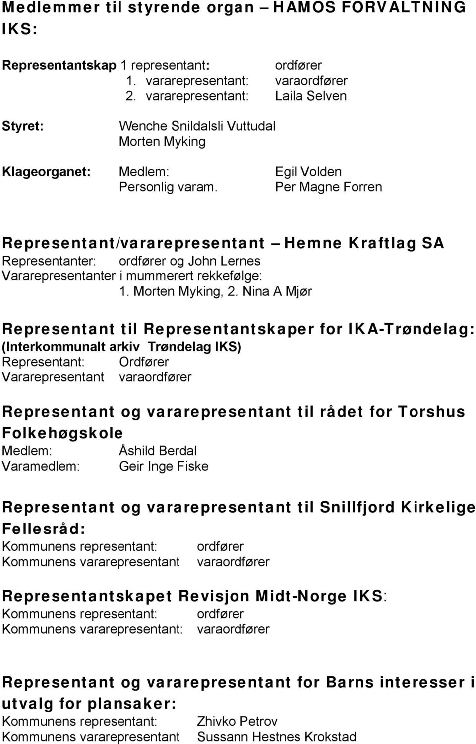 Per Magne Forren Representant/vararepresentant emne Kraftlag SA Representanter: og John Lernes Vararepresentanter i mummerert rekkefølge: 1. Morten Myking, 2.