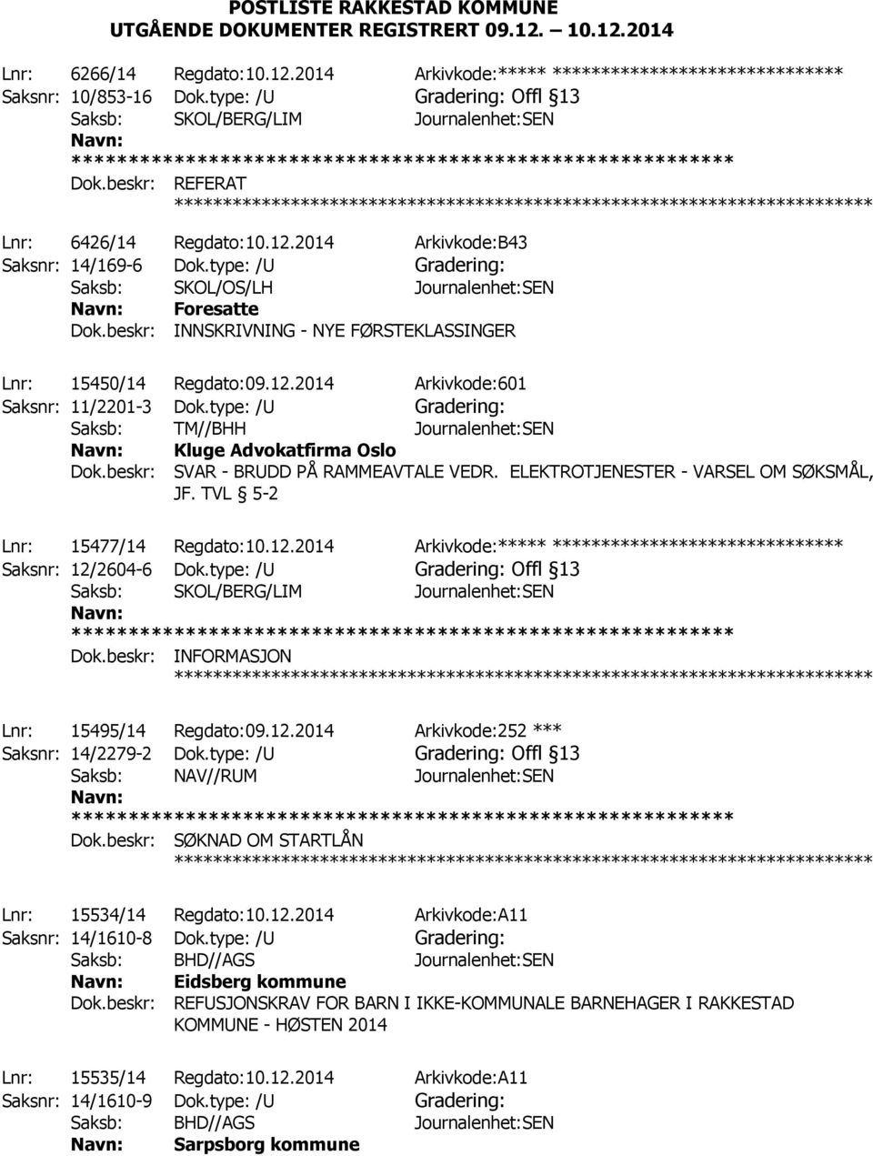 type: /U Gradering: Saksb: SKOL/OS/LH Journalenhet:SEN Foresatte Dok.beskr: INNSKRIVNING - NYE FØRSTEKLASSINGER Dok.beskr: SVAR - BRUDD PÅ RAMMEAVTALE VEDR.