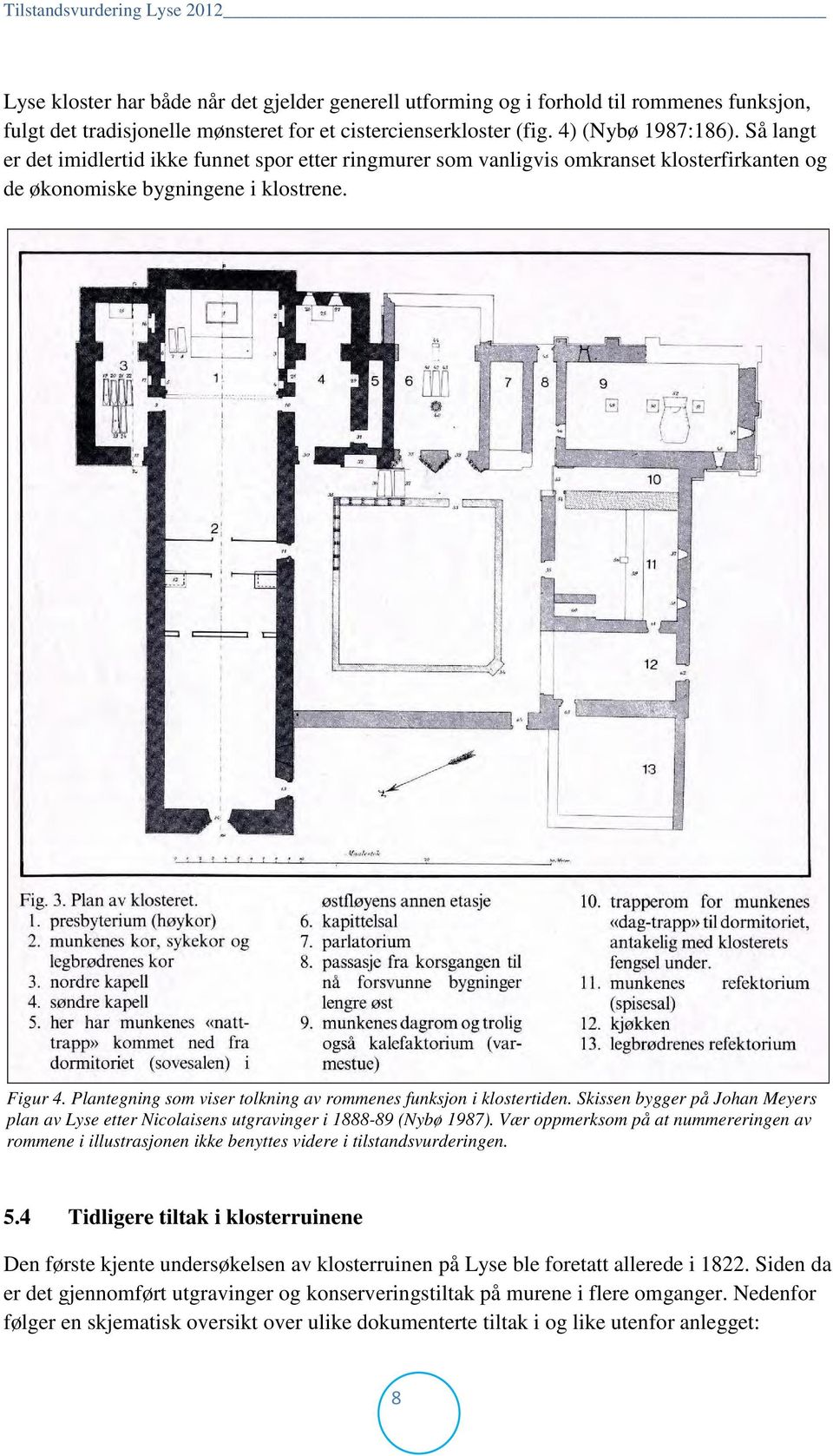 Plantegning som viser tolkning av rommenes funksjon i klostertiden. Skissen bygger på Johan Meyers plan av Lyse etter Nicolaisens utgravinger i 1888-89 (Nybø 1987).