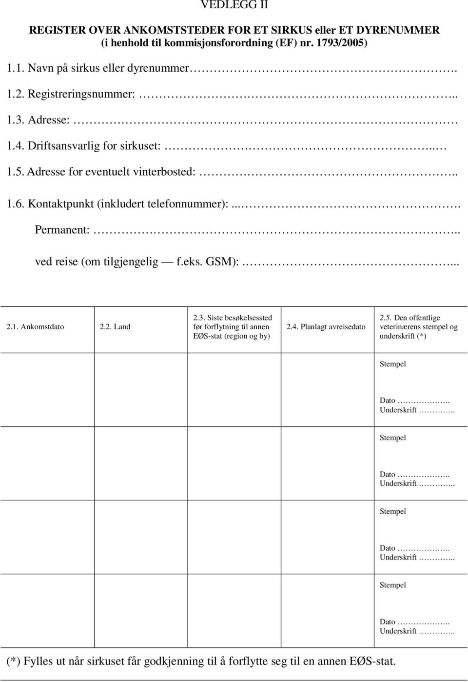 2. Land 2.3. Siste besøkelsessted før forflytning til annen EØS-stat (region og by) 2.4. Planlagt avreisedato 2.5. Den offentlige veterinærens stempel og underskrift (*) Stempel Dato.. Underskrift.