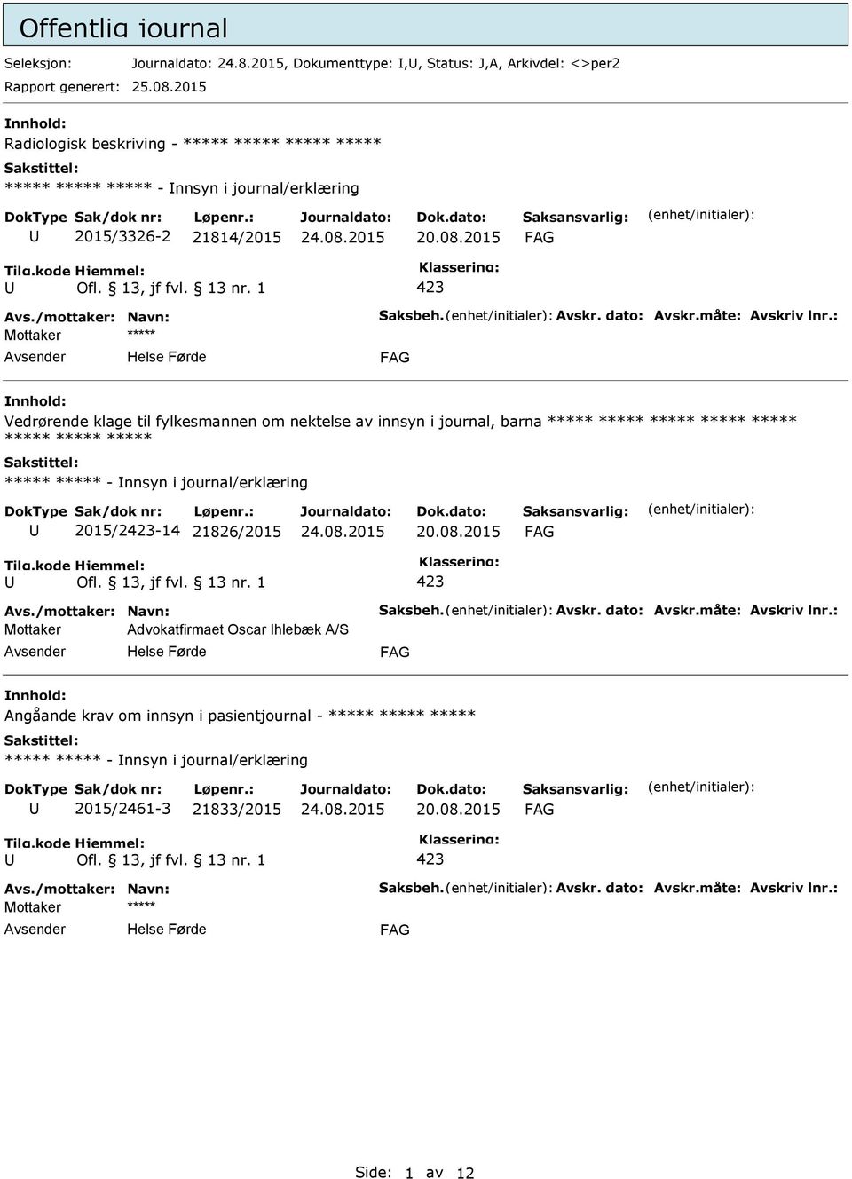 : Mottaker ***** nnhold: Vedrørende klage til fylkesmannen om nektelse av innsyn i journal, barna ***** ***** ***** ***** ***** ***** ***** ***** ***** ***** - nnsyn i journal/erklæring 2015/2-14