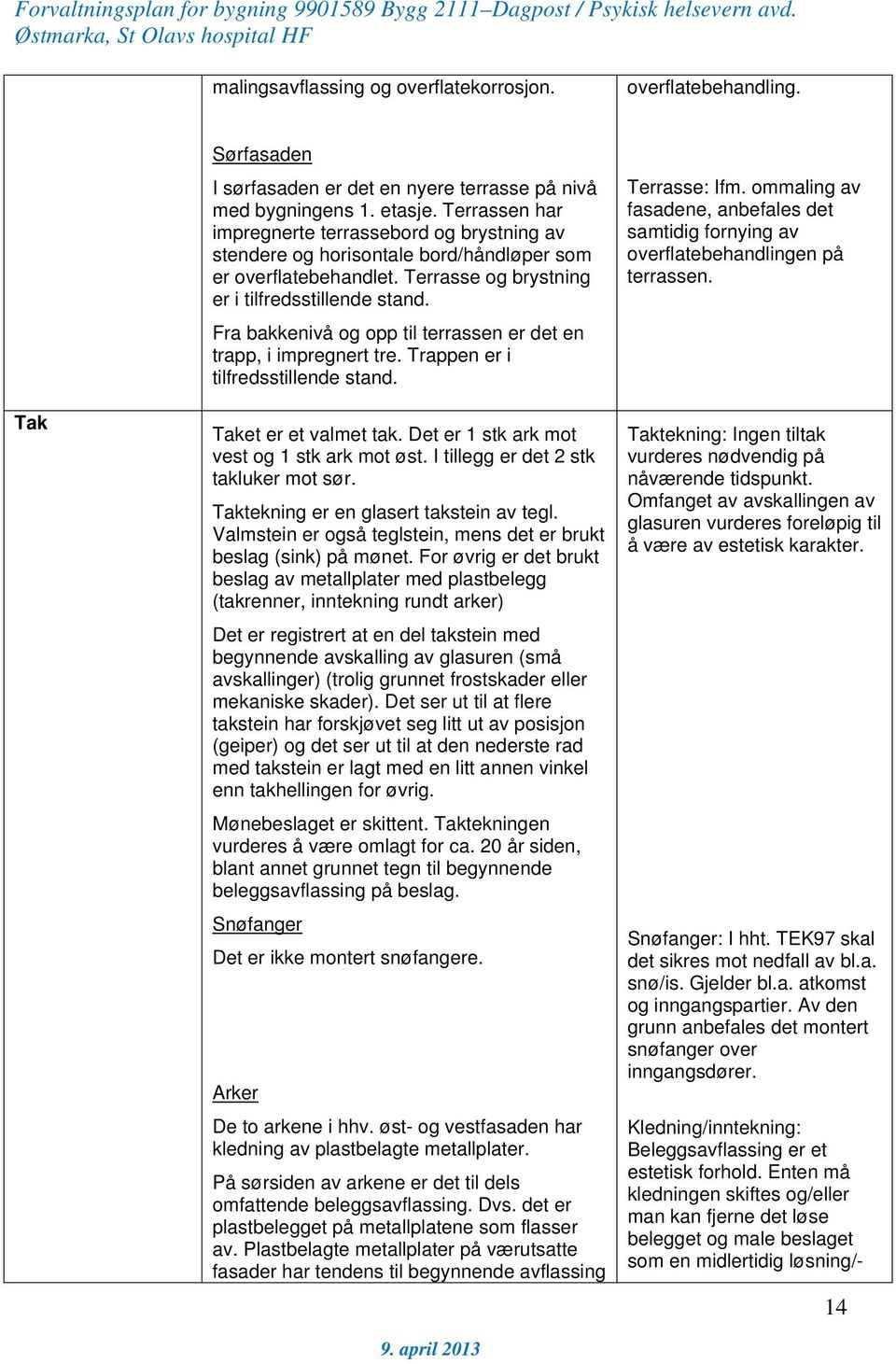 Fra bakkenivå og opp til terrassen er det en trapp, i impregnert tre. Trappen er i tilfredsstillende stand. Taket er et valmet tak. Det er 1 stk ark mot vest og 1 stk ark mot øst.