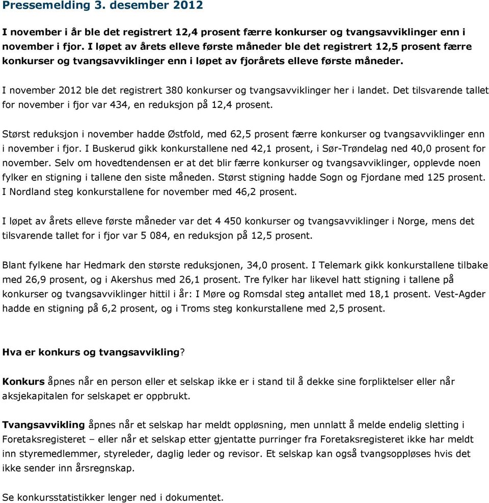 I november 2012 ble det registrert 380 konkurser og tvangsavviklinger her i landet. Det tilsvarende tallet for november i fjor var 434, en reduksjon på 12,4 prosent.