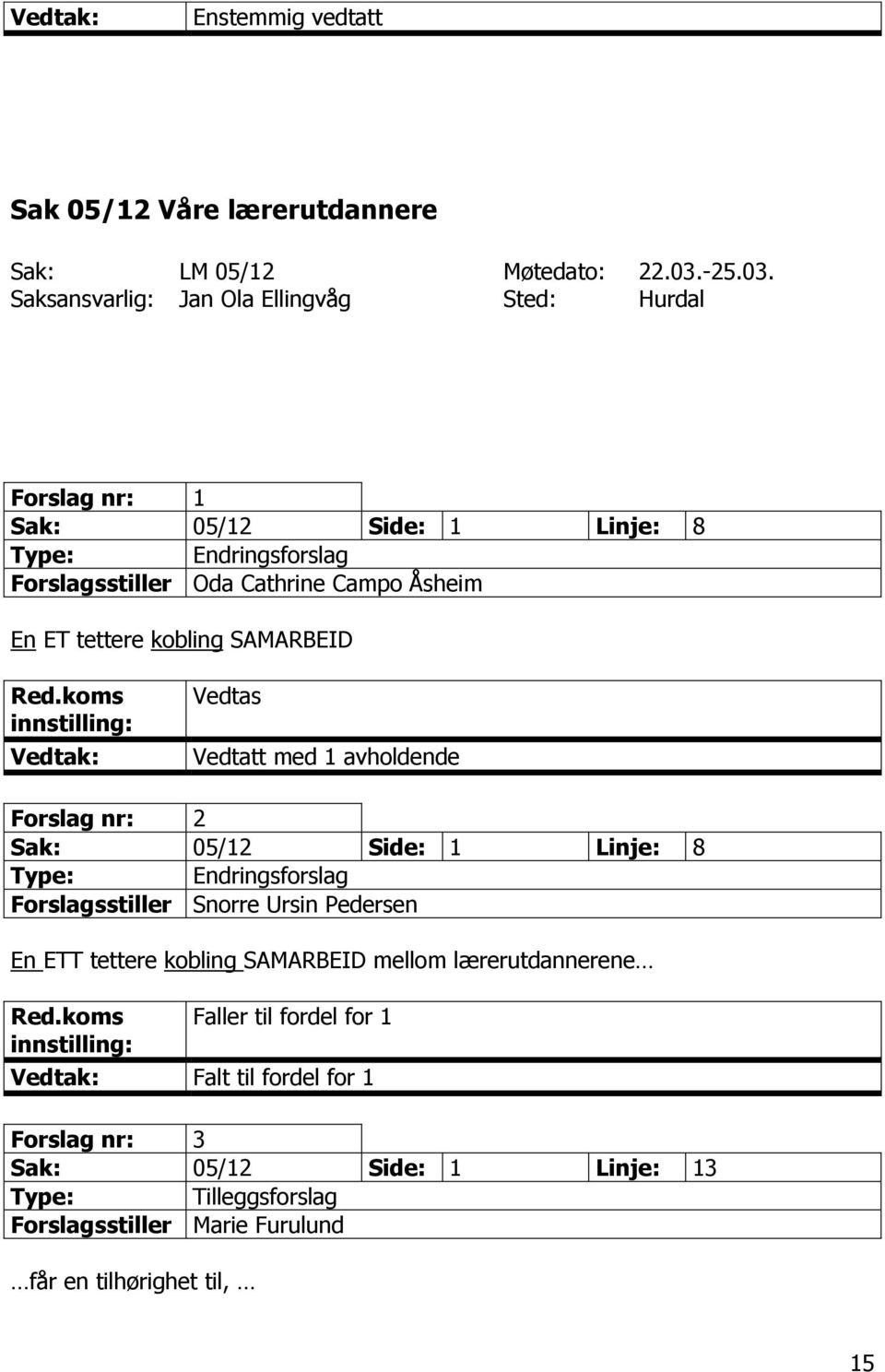 Saksansvarlig: Jan Ola Ellingvåg Sted: Hurdal Forslag nr: 1 Sak: 05/12 Side: 1 Linje: 8 Forslagsstiller Oda Cathrine Campo Åsheim En