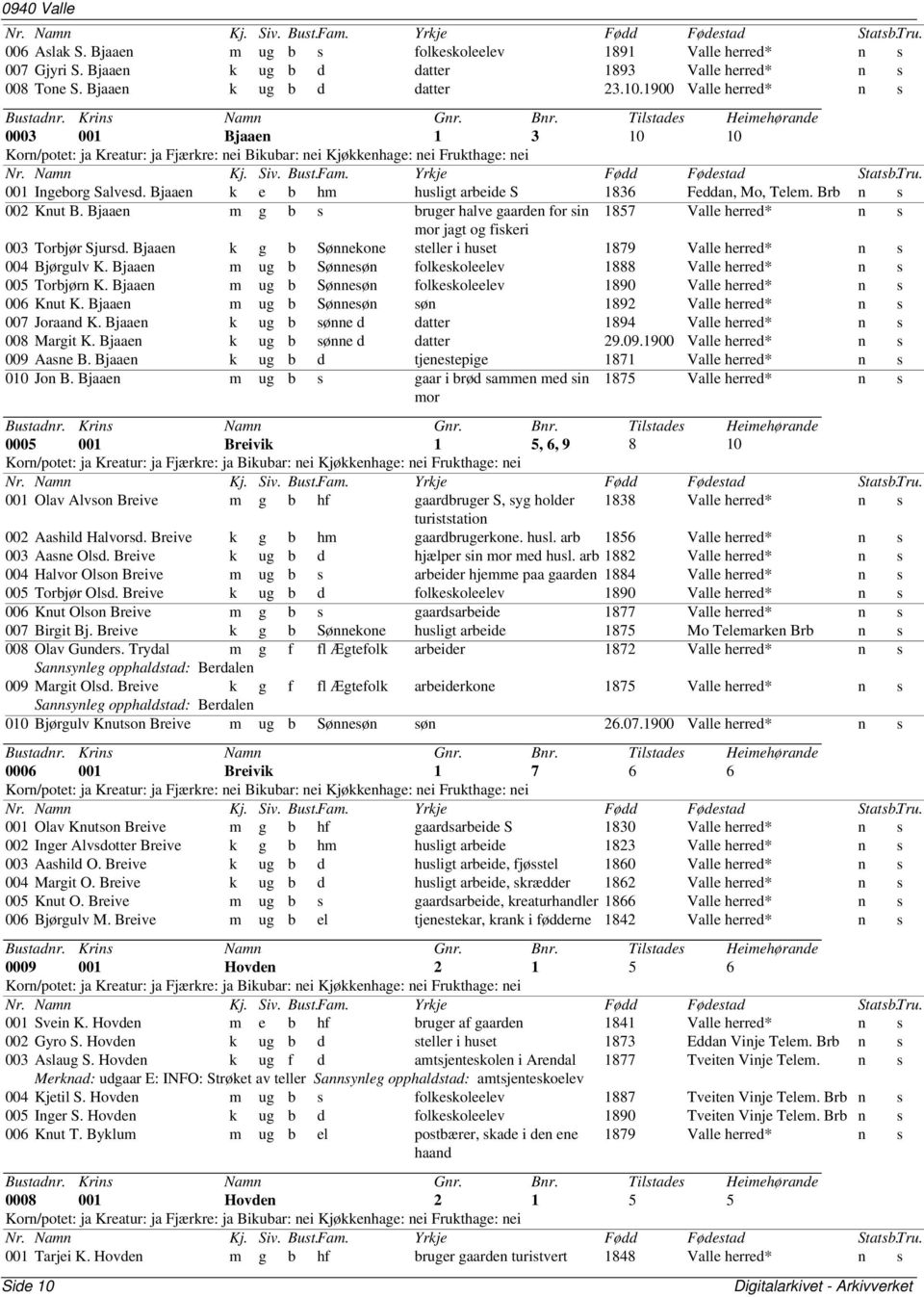 Bjaaen m g b s bruger halve gaarden for sin 1857 Valle herred* n s mor jagt og fiskeri 003 Torbjør Sjursd. Bjaaen k g b Sønnekone steller i huset 1879 Valle herred* n s 004 Bjørgulv K.