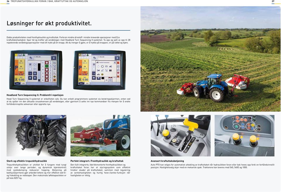 Spar tid og krefter på vendeteigen med Headland Turn Sequencing II-systemet: Ta opp og spill av opp til 28 repeterende vendeteigsoperasjoner med ett trykk på én knapp.