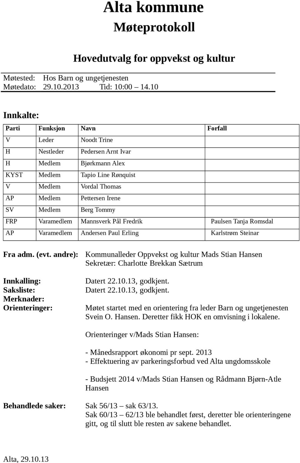 Medlem Berg Tommy FRP Varamedlem Mannsverk Pål Fredrik Paulsen Tanja Romsdal AP Varamedlem Andersen Paul Erling Karlstrøm Steinar Fra adm. (evt.