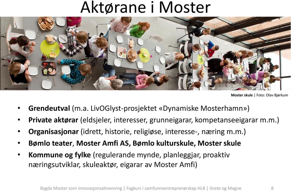 skule Kommune og fylke (regulerande mynde, planleggjar, proaktiv næringsutviklar, skuleaktør, eigarar av Moster Amfi) Moster skule