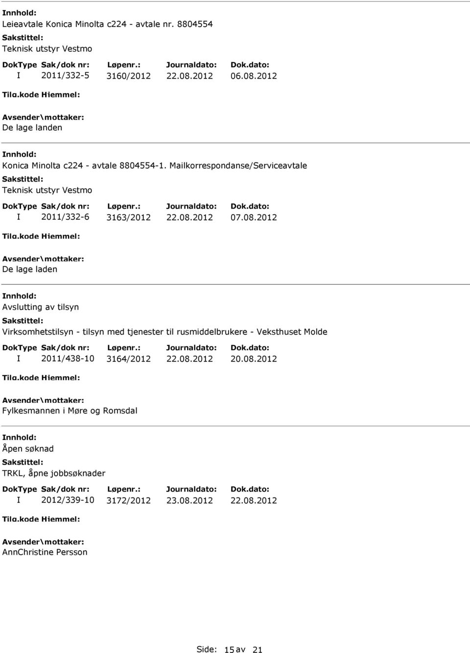 Mailkorrespondanse/Serviceavtale Teknisk utstyr Vestmo 2011/332-6 3163/2012 07.08.