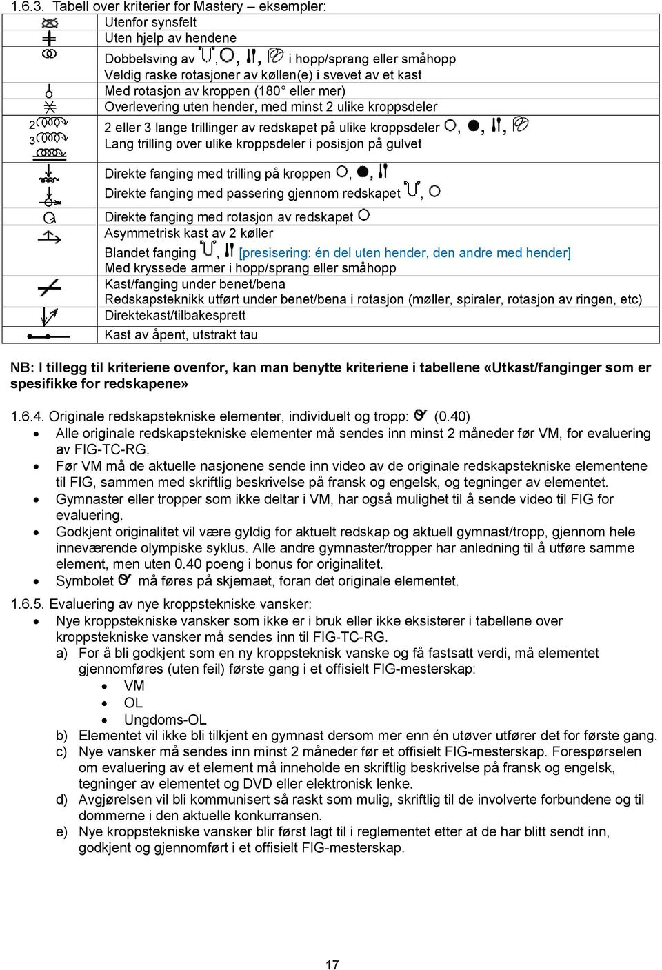 rotasjon av kroppen (180 eller mer) Overlevering uten hender, med minst 2 ulike kroppsdeler 2 eller 3 lange trillinger av redskapet på ulike kroppsdeler,,, Lang trilling over ulike kroppsdeler i