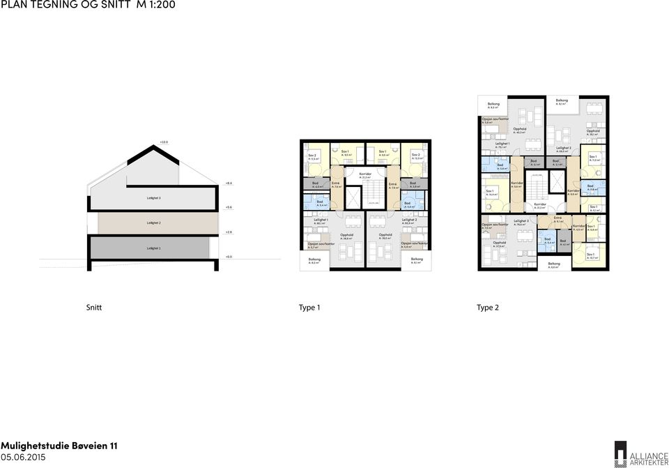 m 2 Leilighet 1 A: 75,1 m 2 Leilighet 2 A: 69,5 m 2 Bad A: 5,8 m 2 Korridor A: 9,6 m 2 Bod A: 3,1 m 2 16 x 175 = 2 800 Korridor A: 21,2 m 2 Bod A: 3,1 m 2 Korridor A: 9,6 m 2 A: 11,0 m 2 Bad A: 5,8 m