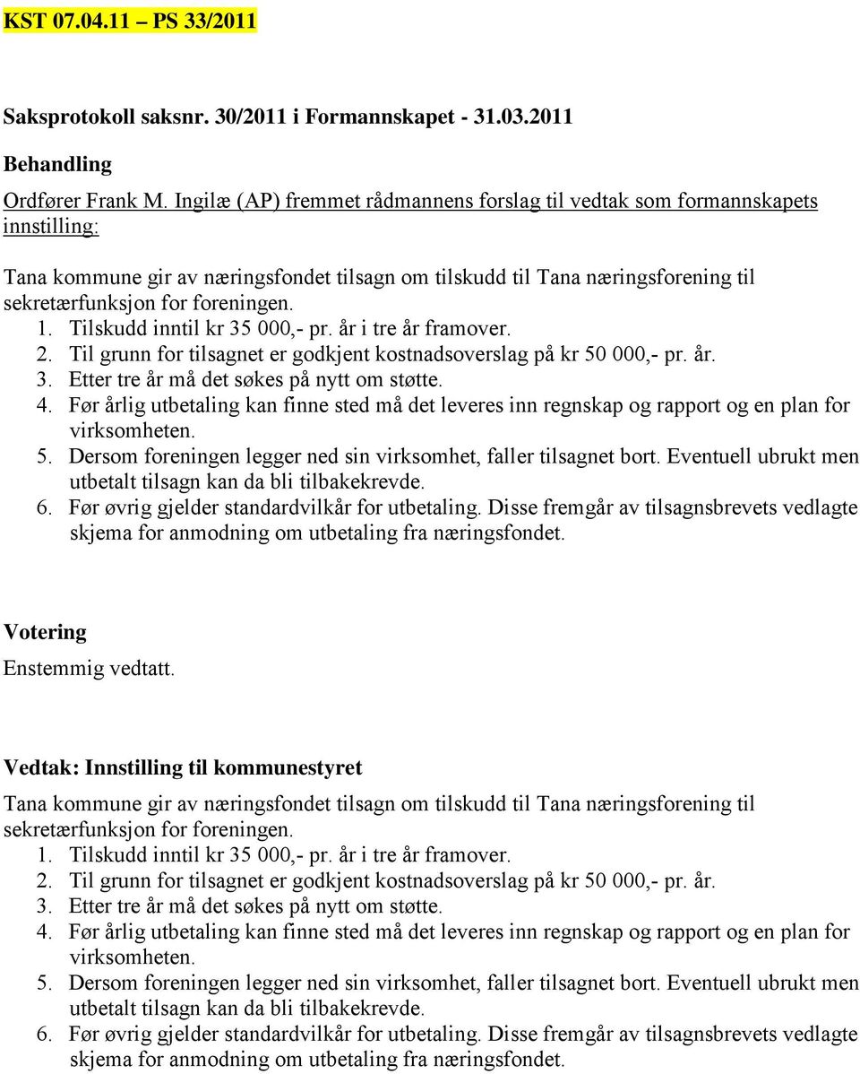 Før årlig utbetaling kan finne sted må det leveres inn regnskap og rapport og en plan for virksomheten. 5. Dersom foreningen legger ned sin virksomhet, faller tilsagnet bort.