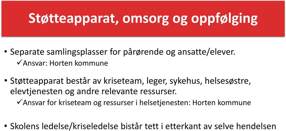 Ansvar: Horten kommune Støtteapparat består av kriseteam, leger, sykehus, helsesøstre,