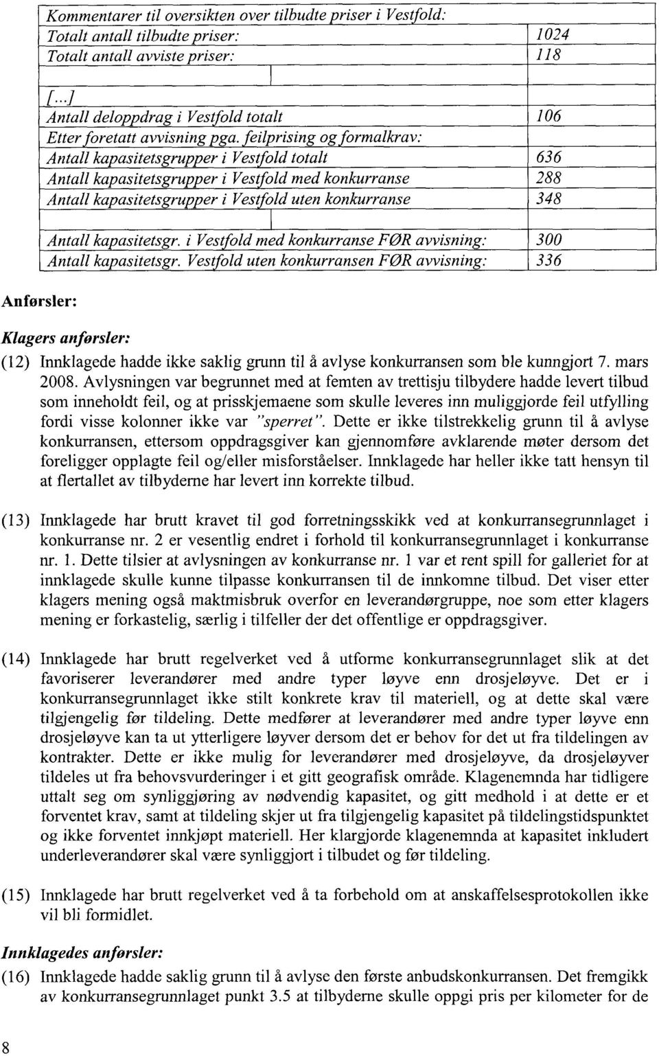 eilprising og ormalkrav: Antall kapasitetsgrupper i Vest old totalt 636 Antall kapasitetsgrupper i Vest old med konkurranse 288 Antall kapasitetsgrupper i Vest old uten konkurranse 348 Antall