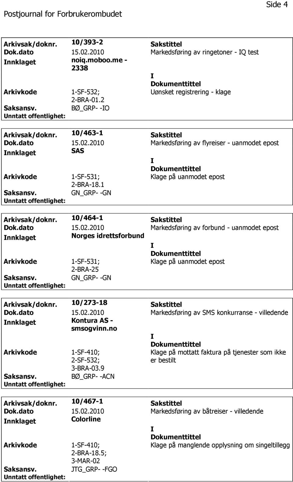 1 Klage på uanmodet epost Arkivsak/doknr. 10/464-1 Sakstittel Dok.dato 15.02.