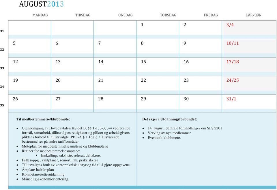 1og 3 Tilsvarende bestemmelser på andre tariffområder Møteplan for medbestemmelsesmøtene og klubbmøtene Rutiner for medbestemmelsesmøtene: Innkalling, saksliste, referat, deltakere.