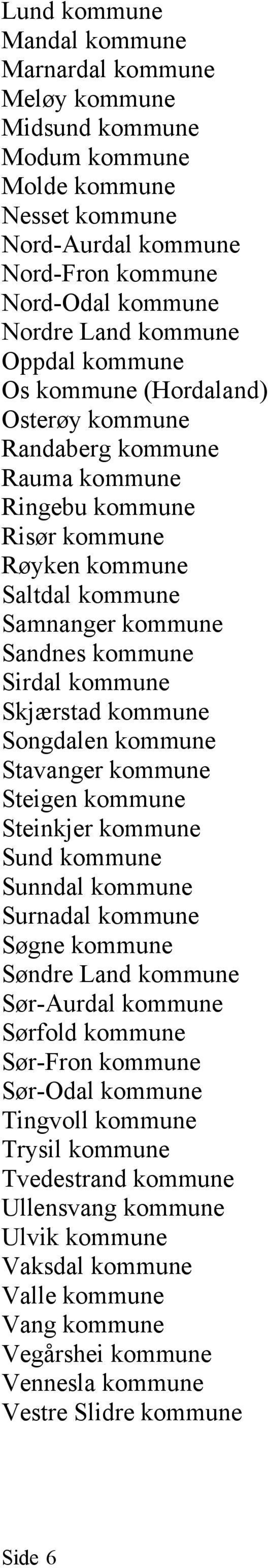 Skjærstad kommune Songdalen kommune Stavanger kommune Steigen kommune Steinkjer kommune Sund kommune Sunndal kommune Surnadal kommune Søgne kommune Søndre Land kommune Sør-Aurdal kommune Sørfold