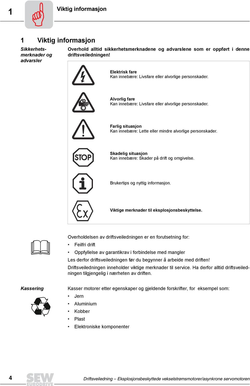 Farlig situasjon Kan innebære: Lette eller mindre alvorlige personskader. Skadelig situasjon Kan innebære: Skader på drift og omgivelse. Brukertips og nyttig informasjon.