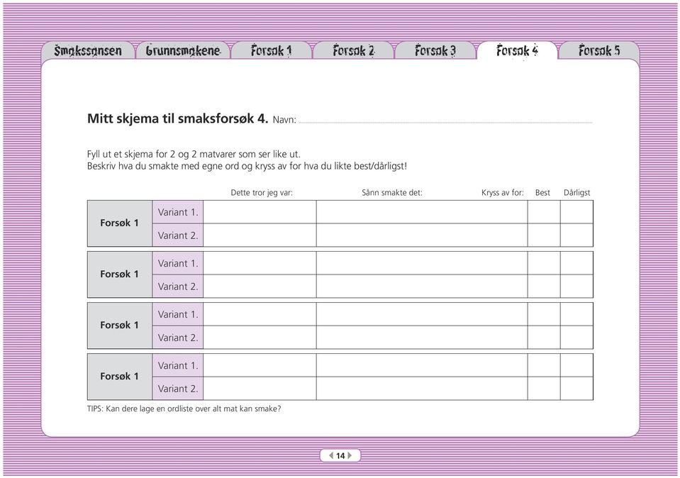 Dette tror jeg var: Sånn smakte det: Kryss av for: Best Dårligst Forsøk 1 Variant 1. Variant 2.