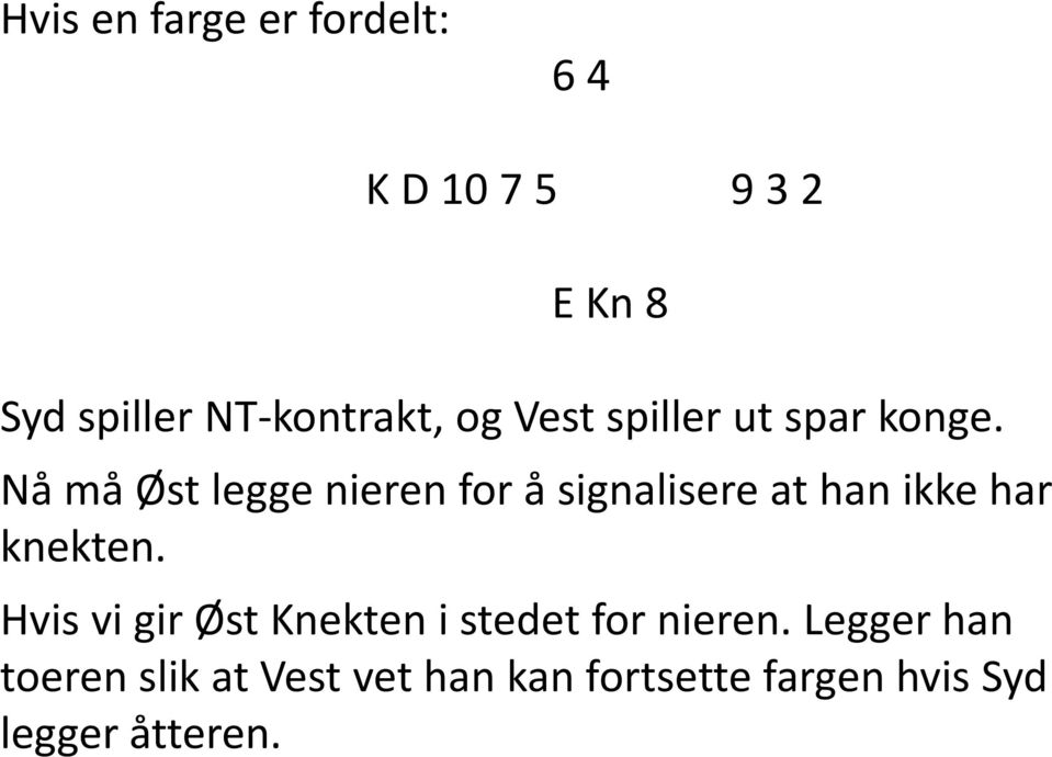 Nå må Øst legge nieren for å signalisere at han ikke har knekten.