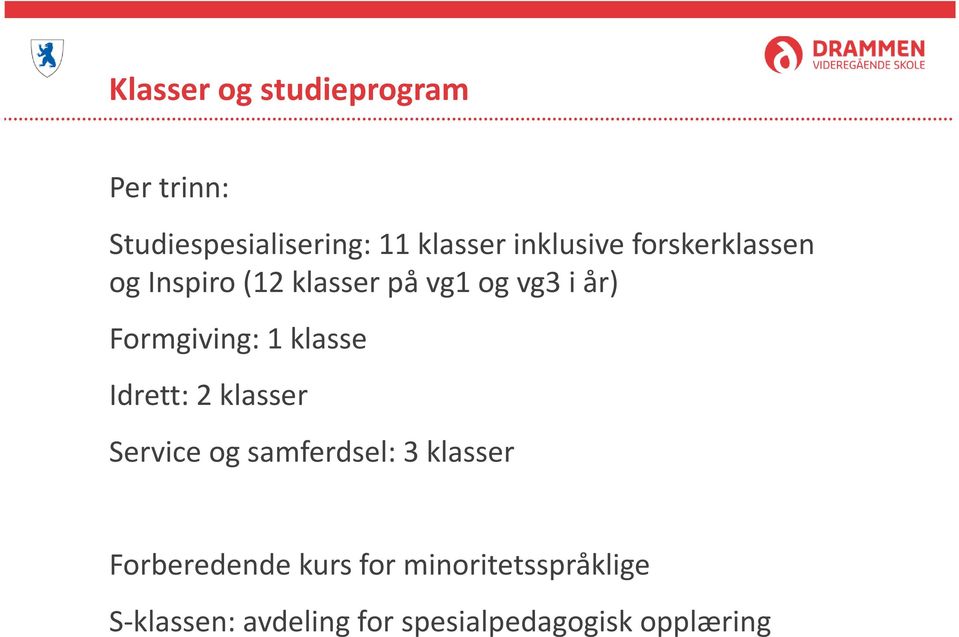 Formgiving: 1 klasse Idrett: 2 klasser Service og samferdsel: 3 klasser