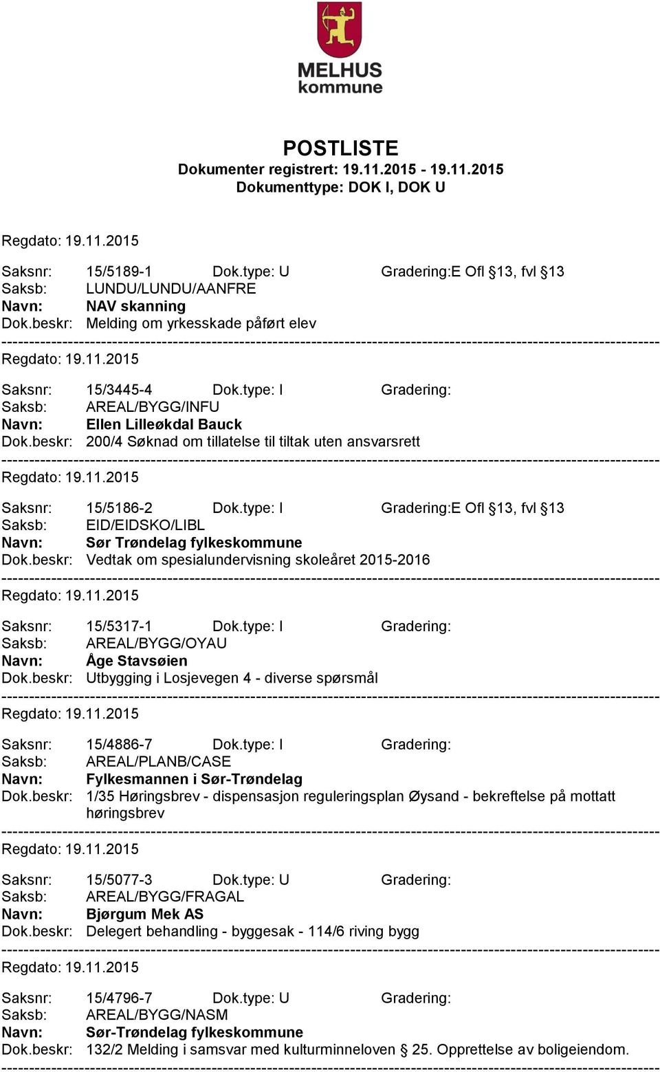 type: I Gradering:E Ofl 13, fvl 13 Saksb: EID/EIDSKO/LIBL Navn: Sør Trøndelag fylkeskommune Dok.beskr: Vedtak om spesialundervisning skoleåret 2015-2016 Saksnr: 15/5317-1 Dok.