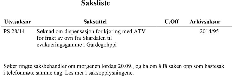 av ovn fra Skardalen til evakueringsgamme i Gardegohppi 2014/95 Søker ringte