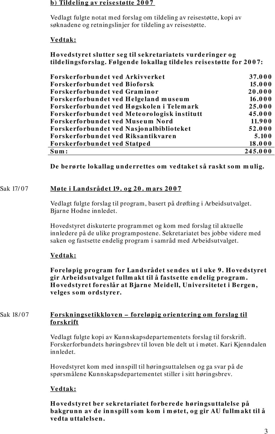 000 Forskerforbundet ved Graminor 20.000 Forskerforbundet ved Helgeland museum 16.000 Forskerforbundet ved Høgskolen i Telemark 25.000 Forskerforbundet ved Meteorologisk institutt 45.